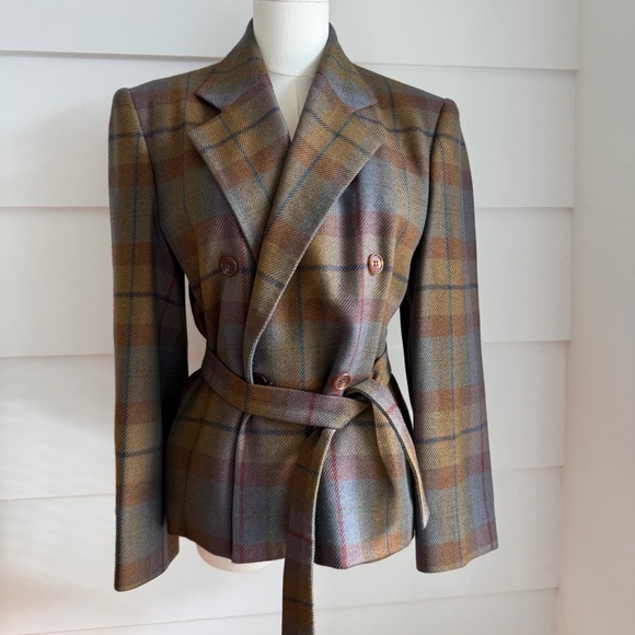 Vintage Perry Ellis Wool Plaid Blazer with Belt size 6 - Picture 2 of 9